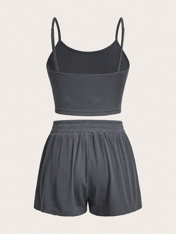 Solid Cami Top & Letter Patched Detail Shorts