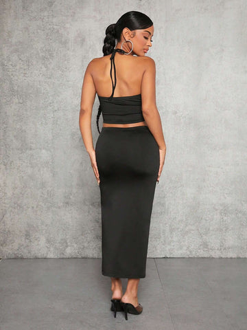 Contrast Sequin Crop Halter Top & Ruched Split Thigh Skirt