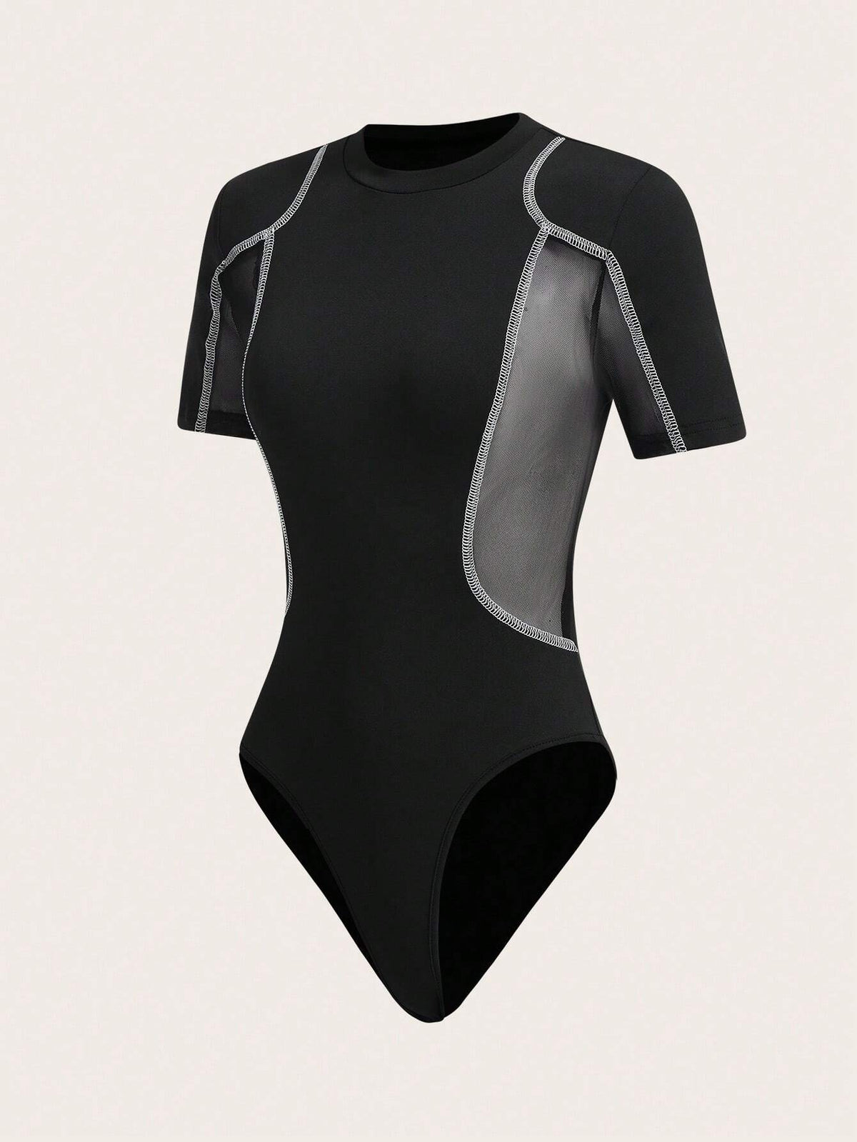 Contrast Mesh Top-stitching Slim Fit Bodysuit
