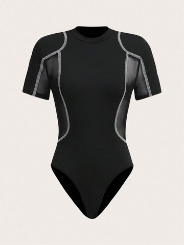 Contrast Mesh Top-stitching Slim Fit Bodysuit