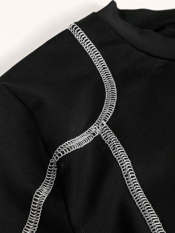 Contrast Mesh Top-stitching Slim Fit Bodysuit