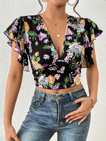 Unity Floral Print Butterfly Sleeve Crop Tee