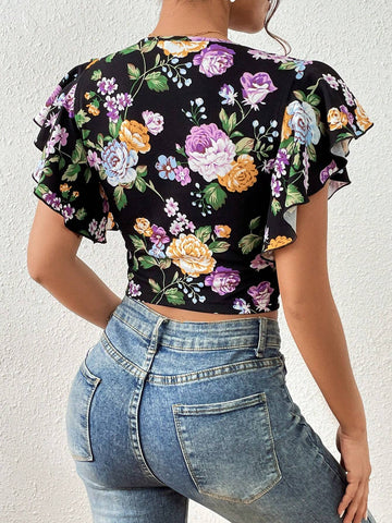 Unity Floral Print Butterfly Sleeve Crop Tee