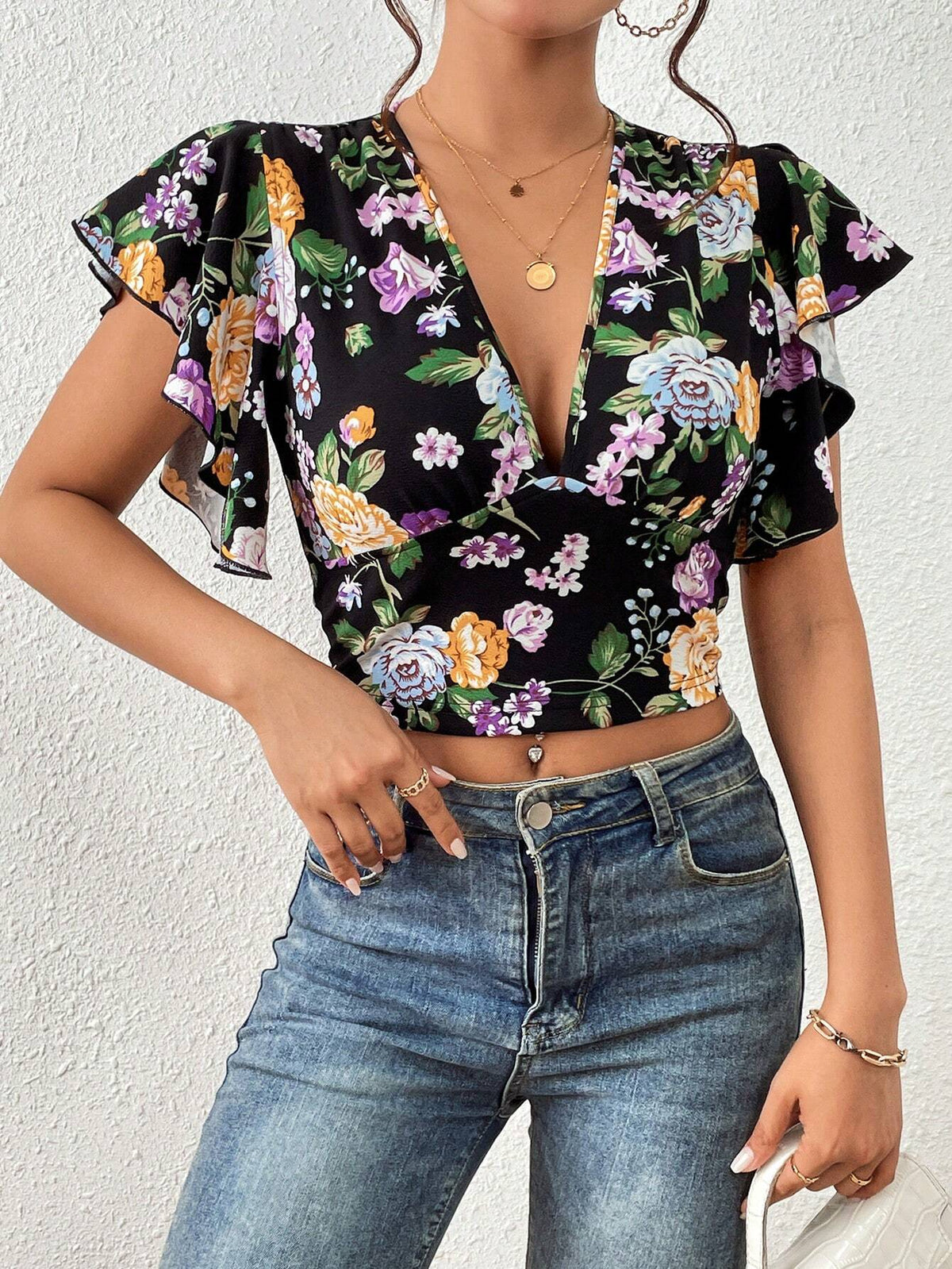 Unity Floral Print Butterfly Sleeve Crop Tee