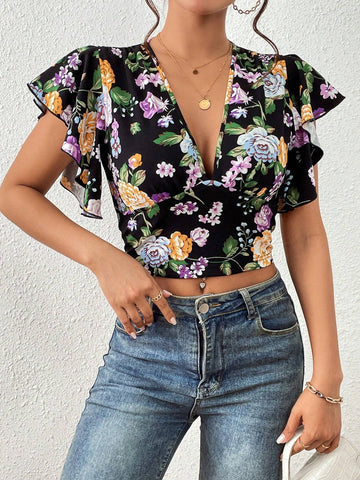 Unity Floral Print Butterfly Sleeve Crop Tee