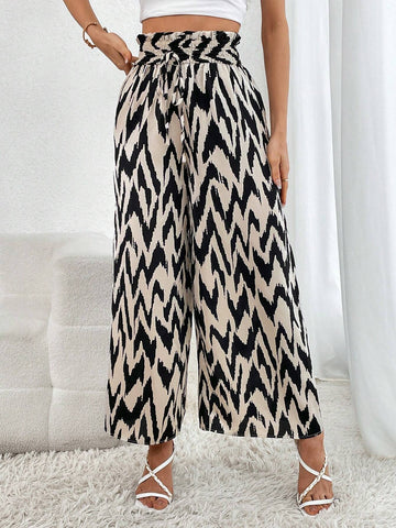 Chevron Print Paperbag Waist Drawstring Wide Leg Pants