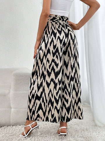 Chevron Print Paperbag Waist Drawstring Wide Leg Pants