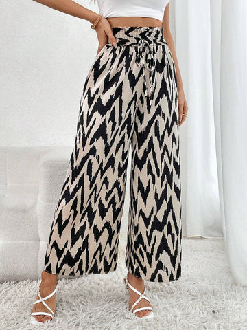 Chevron Print Paperbag Waist Drawstring Wide Leg Pants