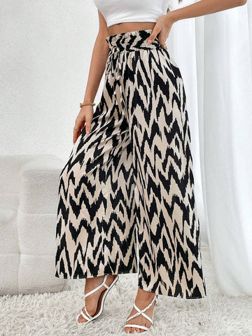 Chevron Print Paperbag Waist Drawstring Wide Leg Pants