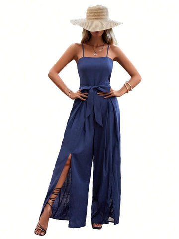 EMERY ROSE Split Thigh Belted Cami Jumpsuit