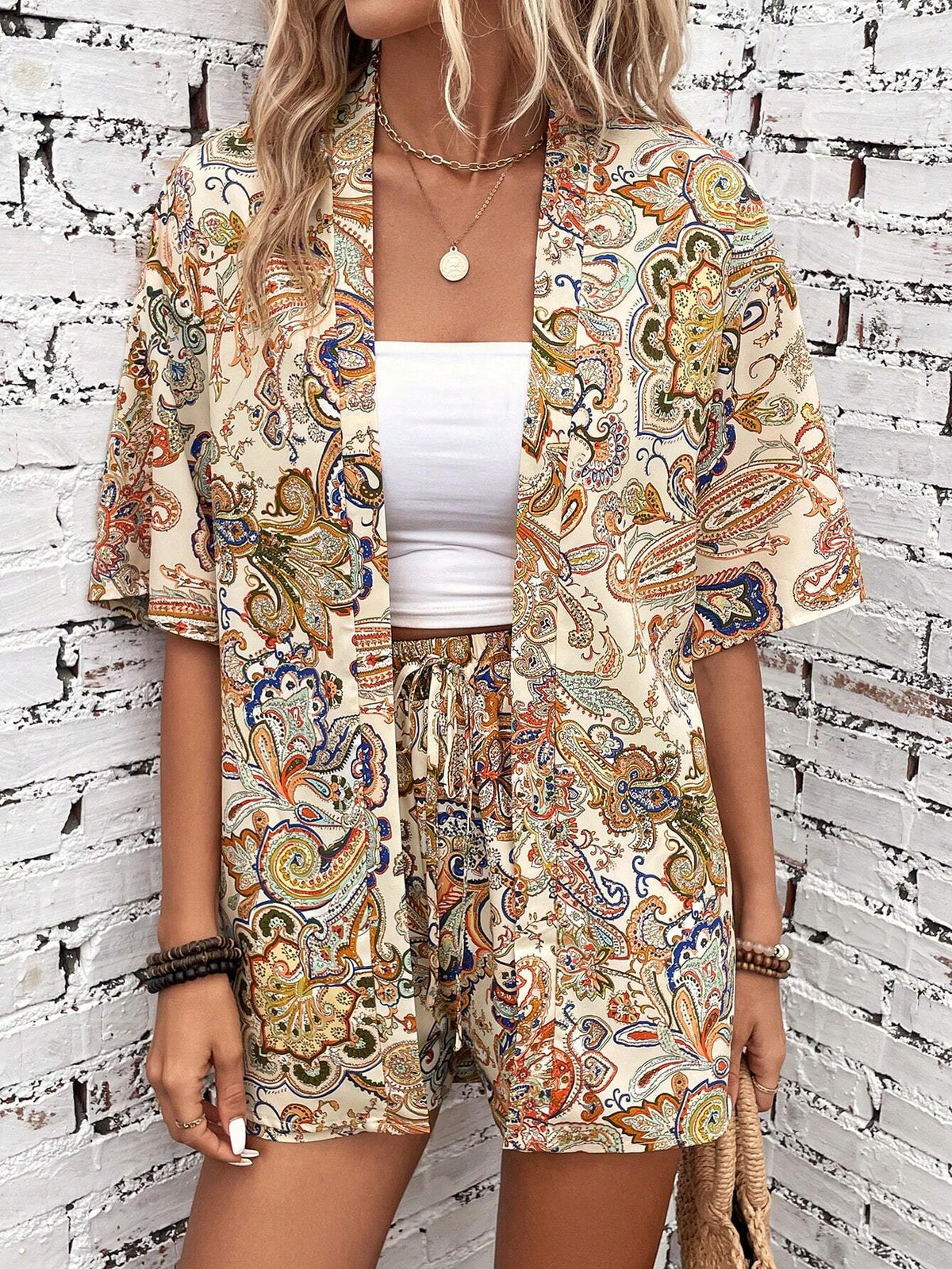 Paisley Print Kimono & Tie Front Shorts