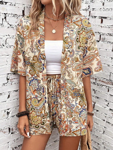 Paisley Print Kimono & Tie Front Shorts