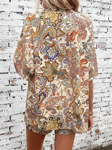 Paisley Print Kimono & Tie Front Shorts