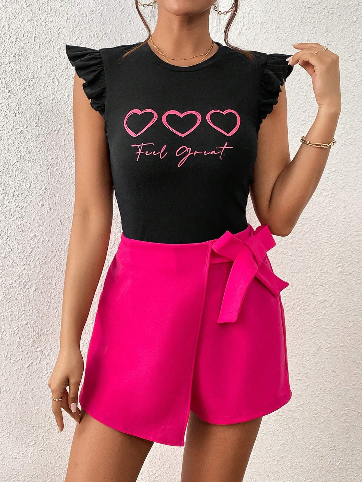 Heart & Slogan Graphic Ruffle Trim Tee & Knot Side Skort