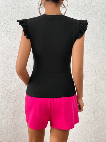 Heart & Slogan Graphic Ruffle Trim Tee & Knot Side Skort