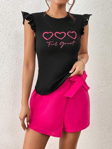 Heart & Slogan Graphic Ruffle Trim Tee & Knot Side Skort