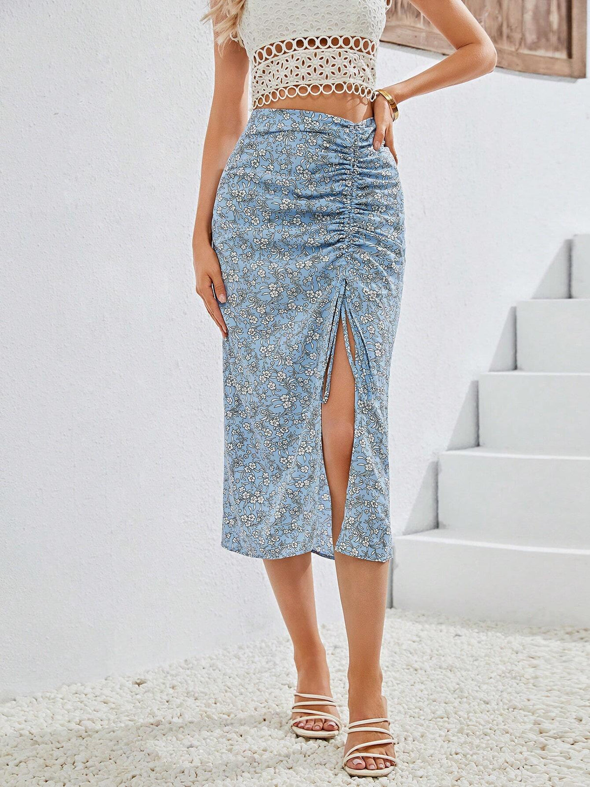 VCAY Ditsy Floral Drawstring Split Thigh Skirt