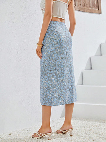 VCAY Ditsy Floral Drawstring Split Thigh Skirt