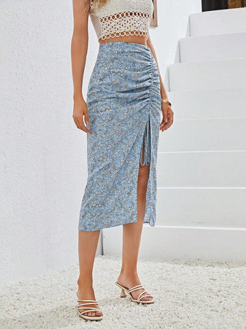 VCAY Ditsy Floral Drawstring Split Thigh Skirt