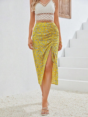 VCAY Ditsy Floral Drawstring Split Thigh Skirt