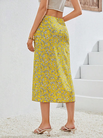 VCAY Ditsy Floral Drawstring Split Thigh Skirt