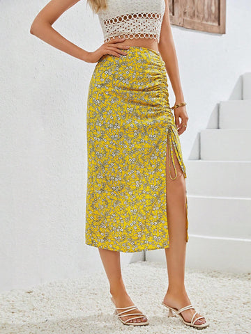VCAY Ditsy Floral Drawstring Split Thigh Skirt