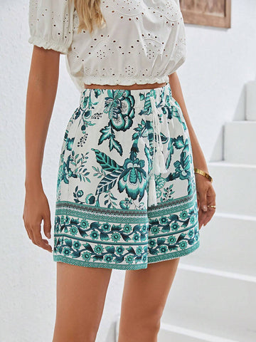 VCAY Floral Print Tie Front Wide Leg Shorts