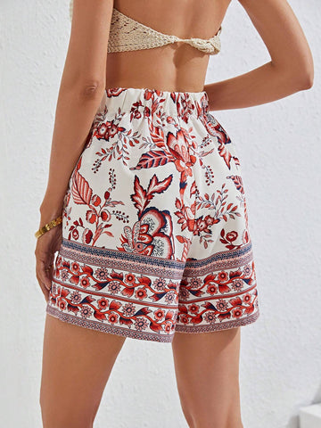 VCAY Floral Print Knot Waist Shorts
