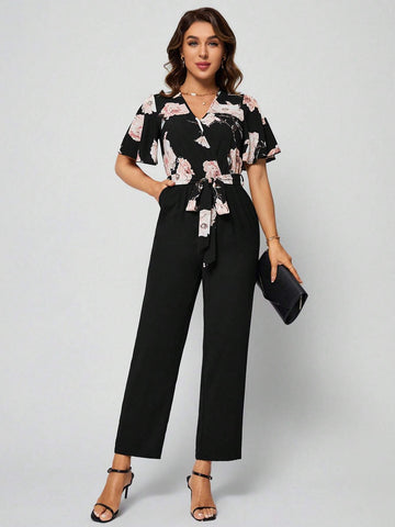 EMERY ROSE Floral Print Slant Pocket Belted Jumpsuit