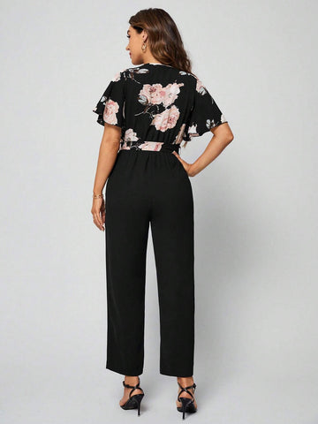 EMERY ROSE Floral Print Slant Pocket Belted Jumpsuit