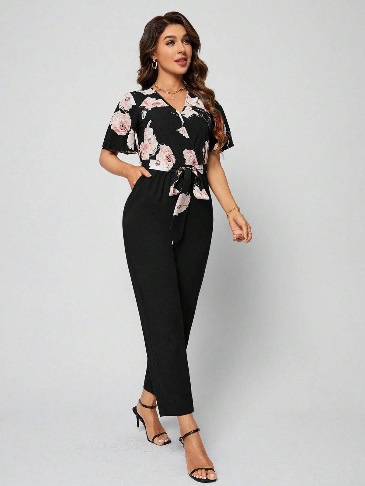 EMERY ROSE Floral Print Slant Pocket Belted Jumpsuit