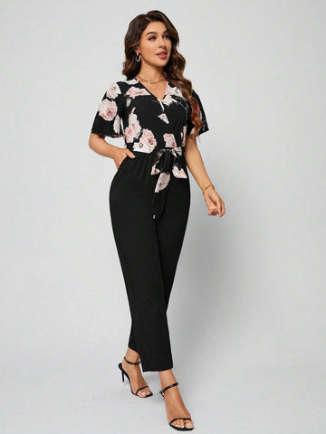 EMERY ROSE Floral Print Slant Pocket Belted Jumpsuit