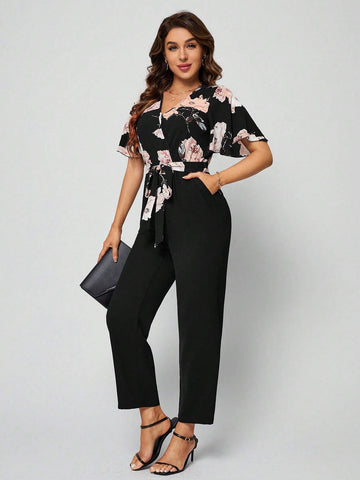 EMERY ROSE Floral Print Slant Pocket Belted Jumpsuit