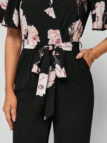 EMERY ROSE Floral Print Slant Pocket Belted Jumpsuit