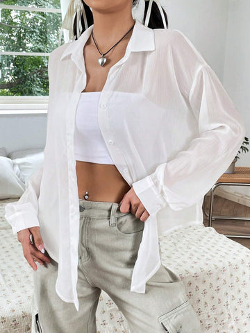 Solid Button Front Drop Shoulder Shirt Without Cami