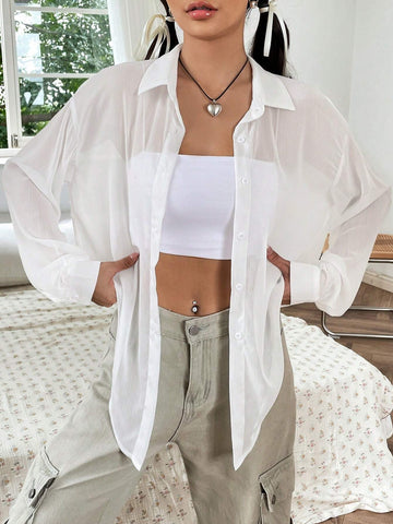 Solid Button Front Drop Shoulder Shirt Without Cami