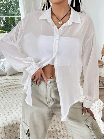 Solid Button Front Drop Shoulder Shirt Without Cami