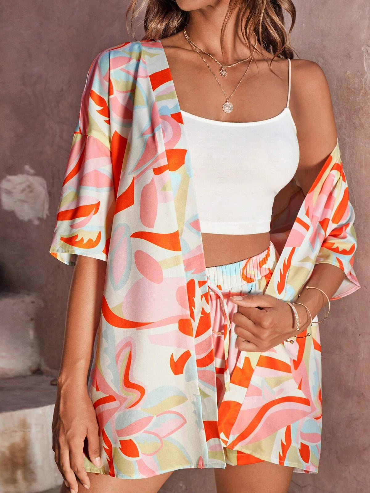 Allover Print Drop Shoulder Kimono & Tie Front Shorts