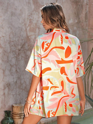 Allover Print Drop Shoulder Kimono & Tie Front Shorts