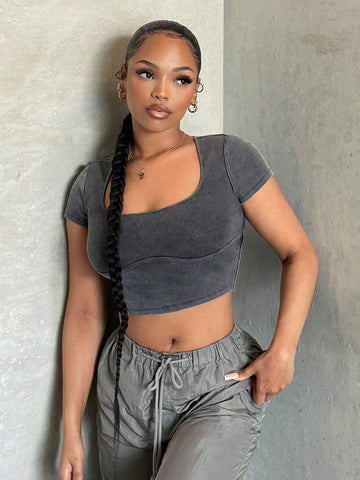 Solid Square Neck Crop Tee
