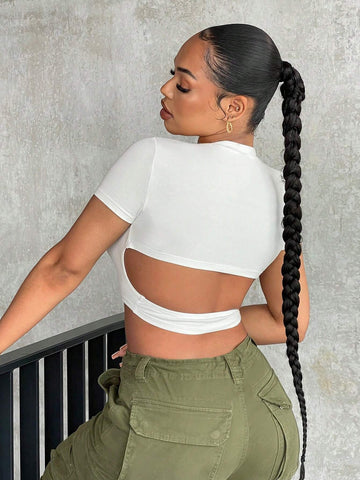 Solid Cut Out Back Crop Tee
