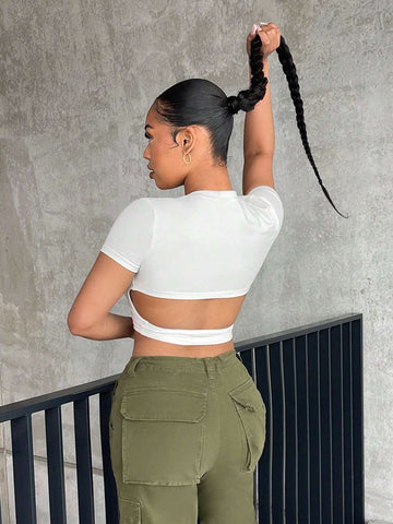 Solid Cut Out Back Crop Tee