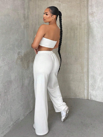 Letter Patched Tube Top & Drawstring Waist Pants