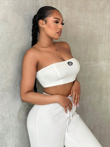 Letter Patched Tube Top & Drawstring Waist Pants