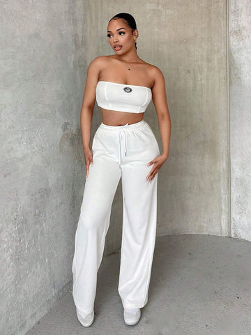 Letter Patched Tube Top & Drawstring Waist Pants