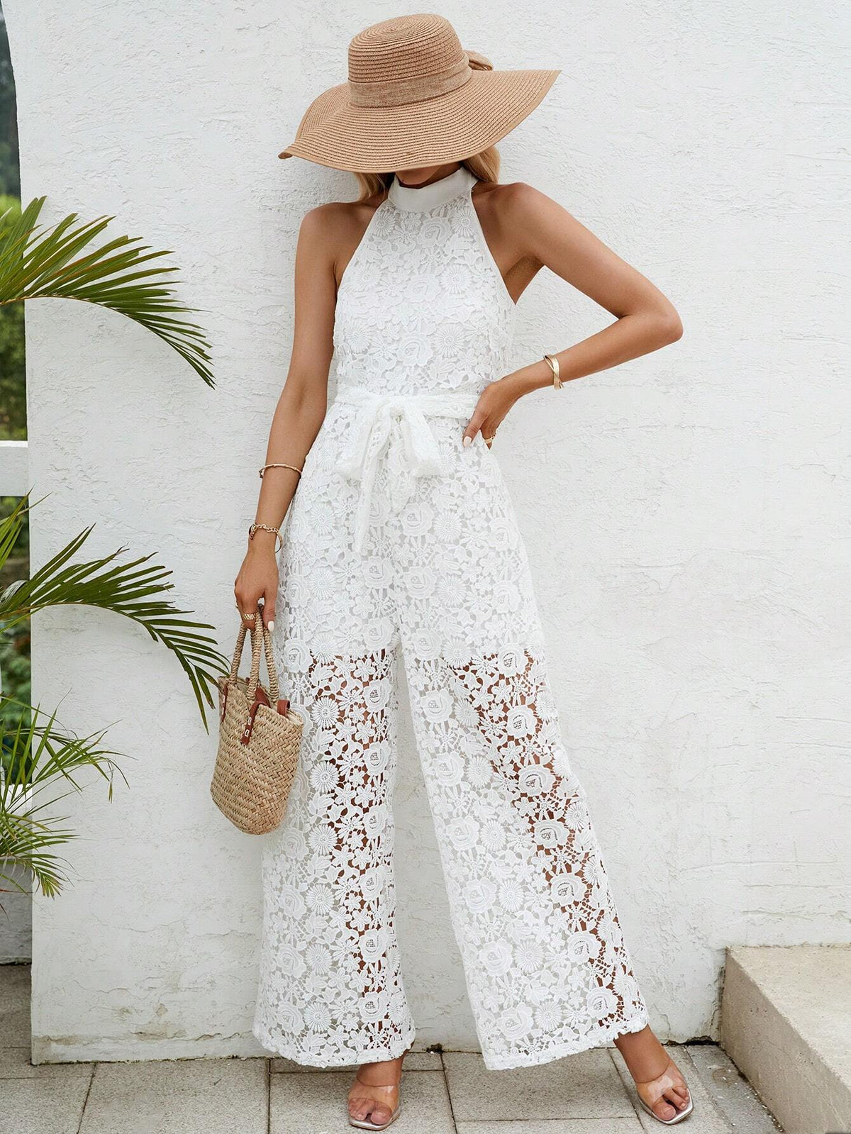 Guipure Lace Belted Halter Neck Wide Leg Jumpsuit