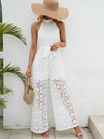 Guipure Lace Belted Halter Neck Wide Leg Jumpsuit