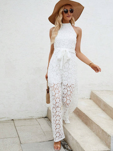Guipure Lace Belted Halter Neck Wide Leg Jumpsuit