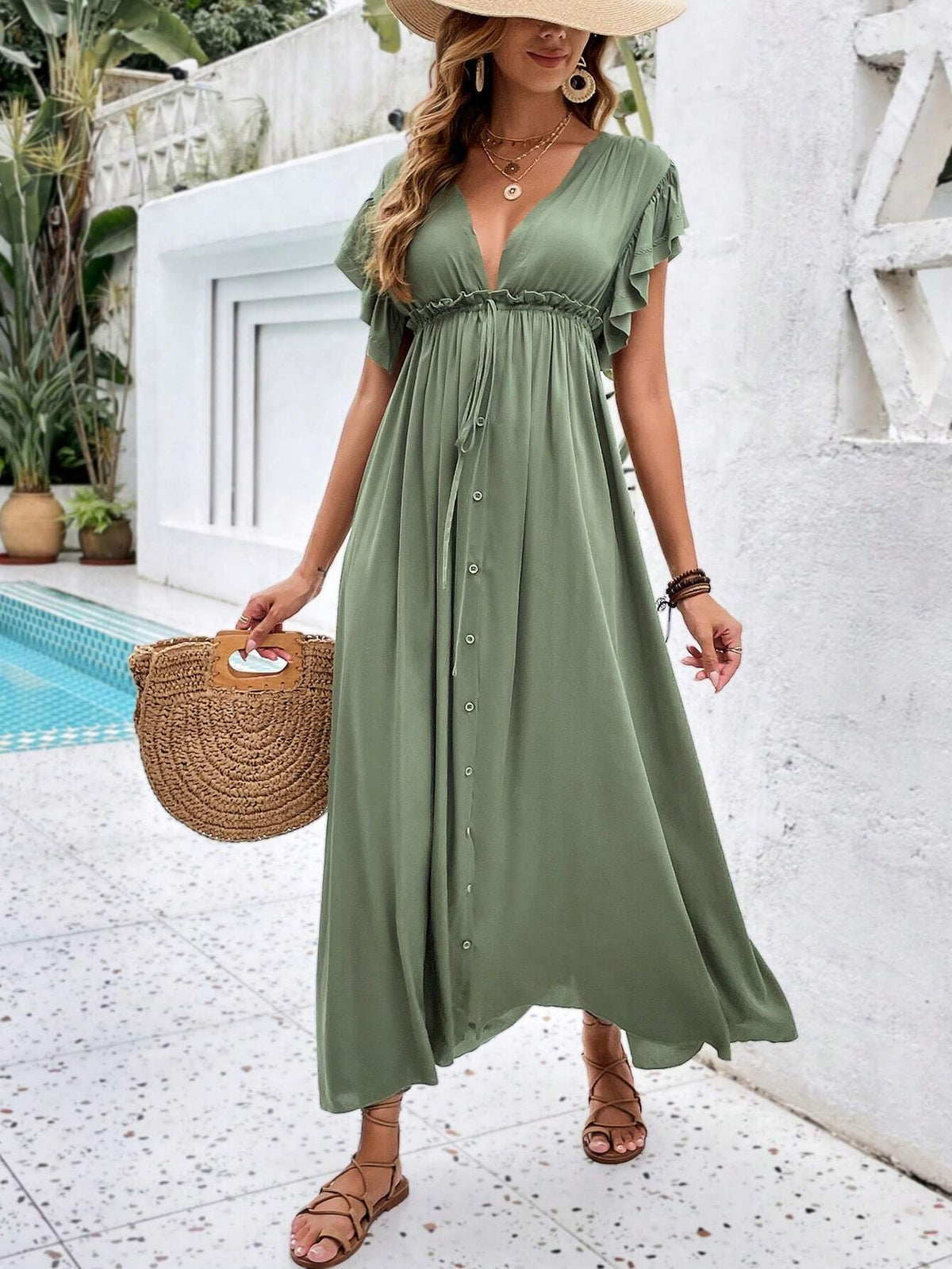 Plunging Neck Knot Front Ruffle Trim Button Front Dress