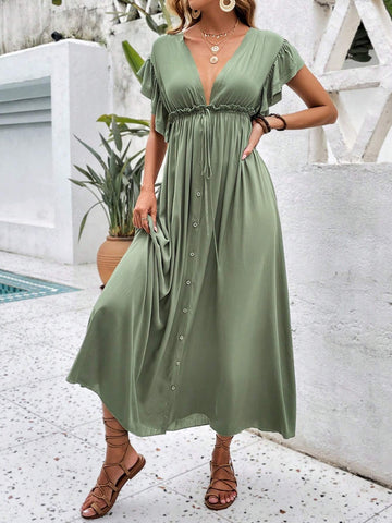 Plunging Neck Knot Front Ruffle Trim Button Front Dress